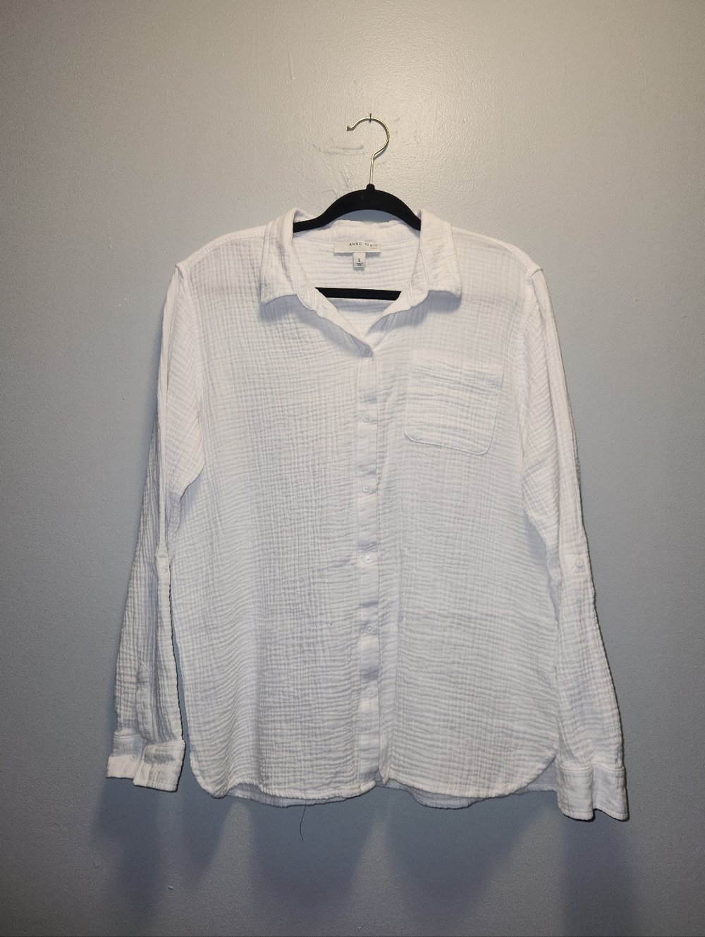Anne Klein Lucille Gauze White Casual Cotton Button Up Long Sleeve Top | Large